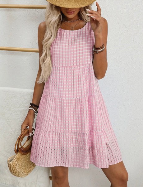 Loose Casual Sleeveless Dress- Pink Gingham