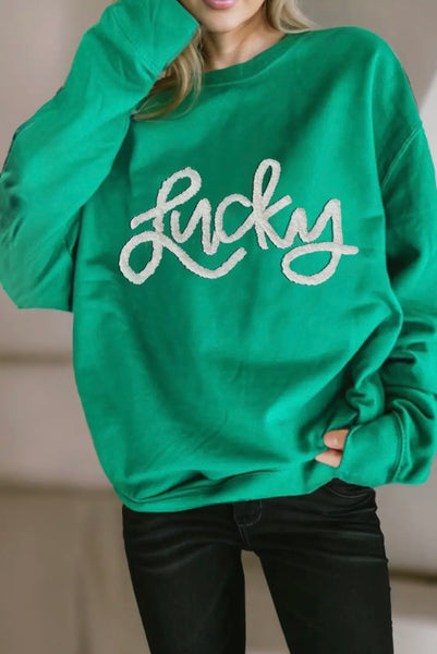 LUCKY Chenille Embroidered Pullover Sweatshirt/Green