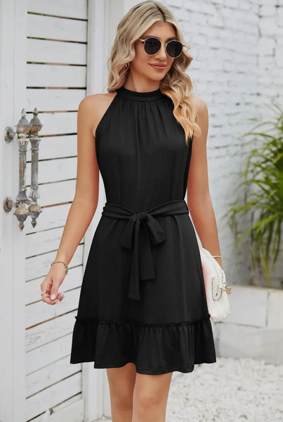 Solid Black Ruffled Halter Dress