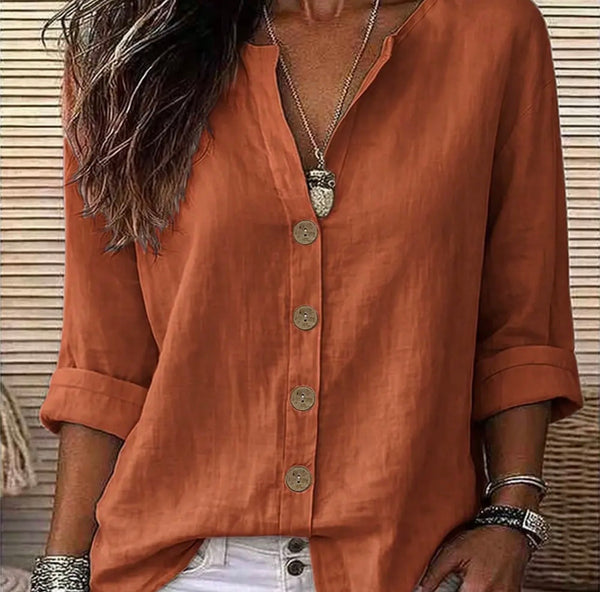 Women’s relaxed V-neck button up roll sleeve blouse