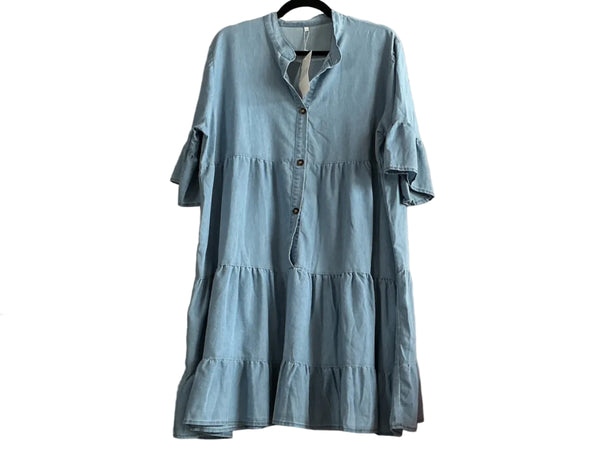 V-neck Half Sleeve Washed Denim Dress