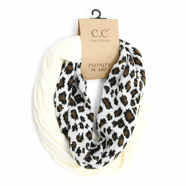 Ribbed Knit Leopard Accent CC Infinity Scarf