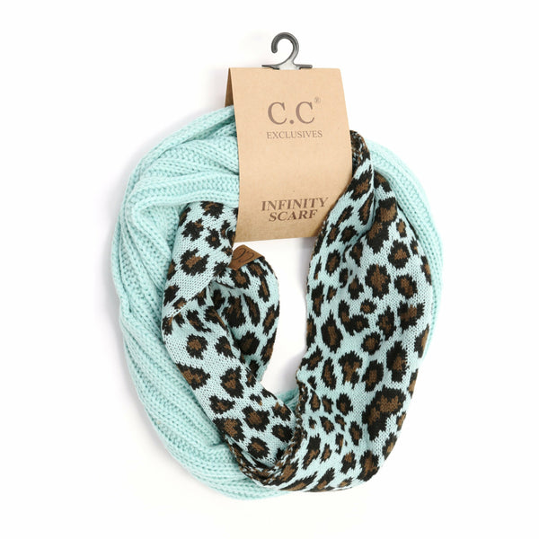 Ribbed Knit Leopard Accent CC Infinity Scarf