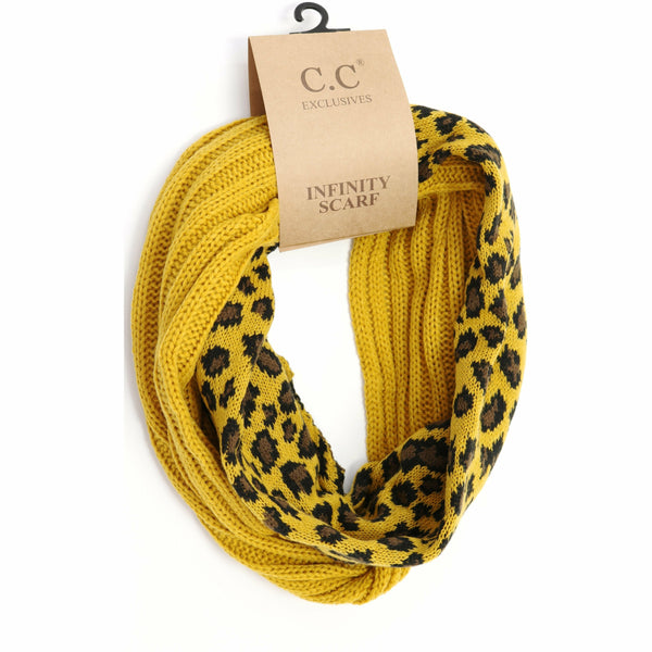 Ribbed Knit Leopard Accent CC Infinity Scarf