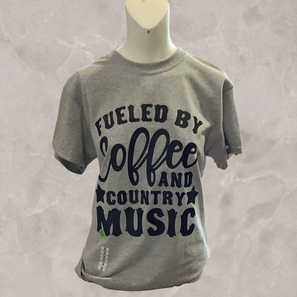 Fueled By Coffee And Country Music T-Shirt- Grey