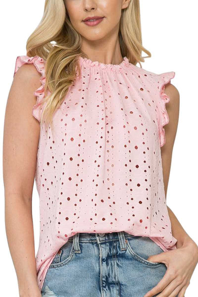Solid Eyelet Sleeveless Ruffle Pleated Top -Pink