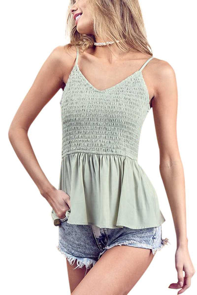 Smocked Body With Adjustable Strap Top- Sage